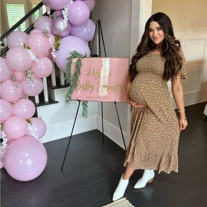 Camel Floral Smocked Square Neck Maternity Midi Dress by PinkBlush